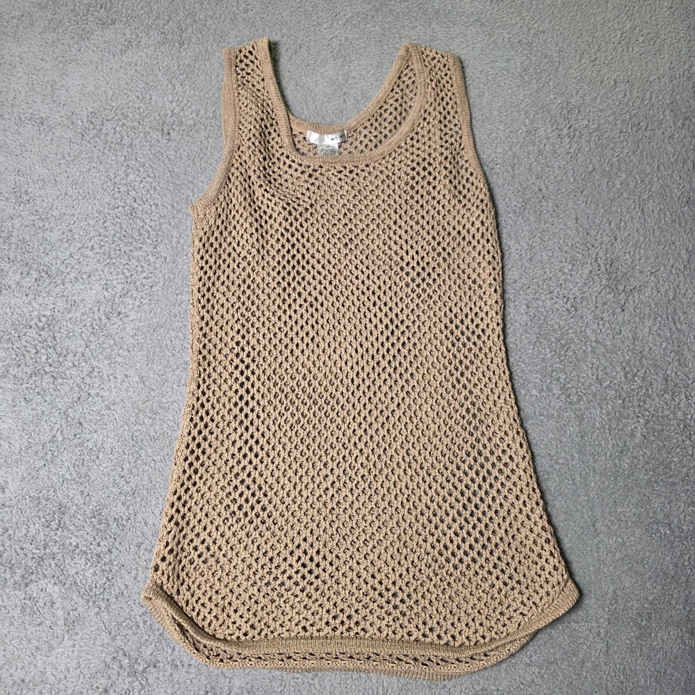 WD-NY Womens Medium Tank Top Tan Crochet Open Weave Knit Scoop Neck Sleeveless